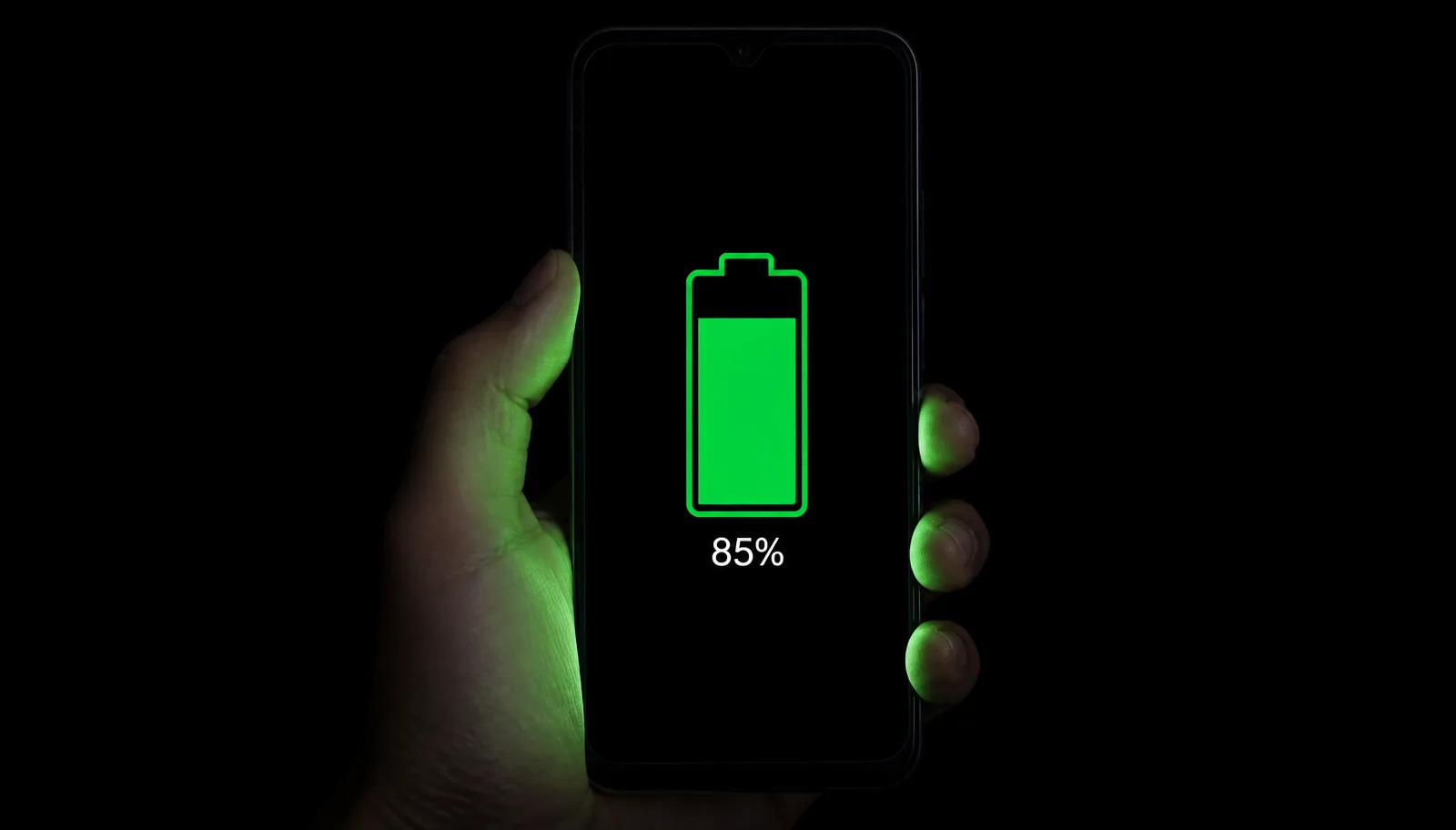Smartphone na mão no escuro exibindo um grande ícone de bateria verde em 85%, iluminando os dedos