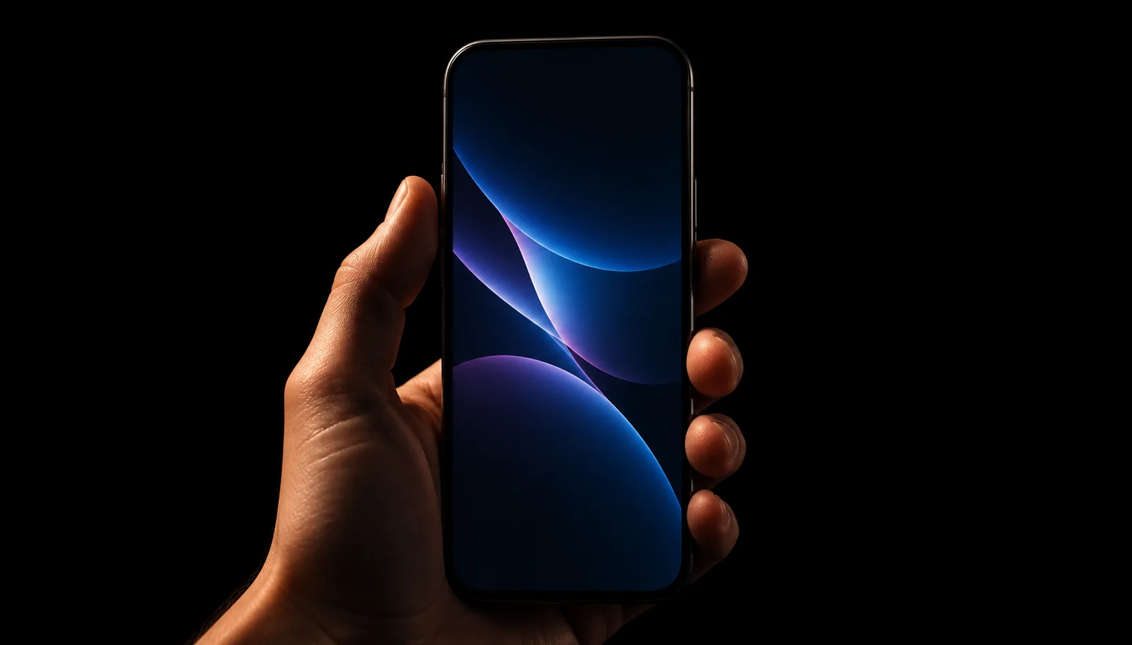 Mão segurando um smartphone com a tela acesa virada para a câmera, em ambiente escuro com luz lateral quente