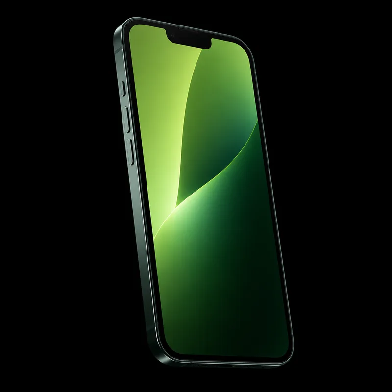 iPhone 13 de frente com tela acesa em wallpaper verde, seminovo na 7Tech