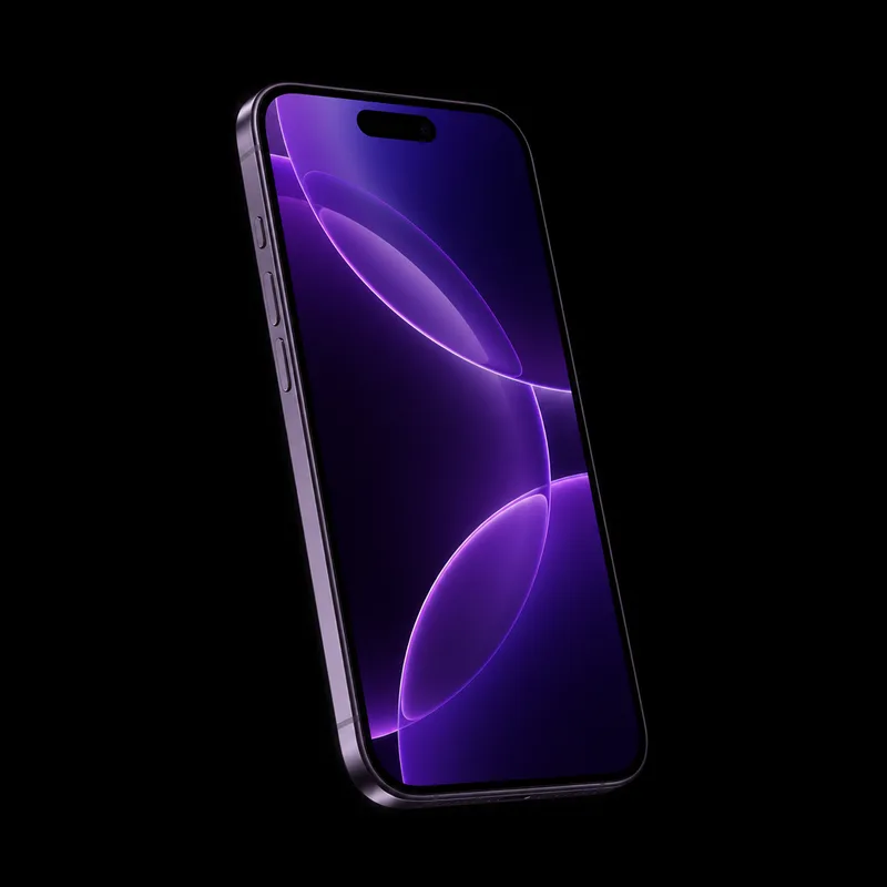 iPhone 14 Pro de frente com tela acesa em wallpaper roxo profundo, seminovo na 7Tech