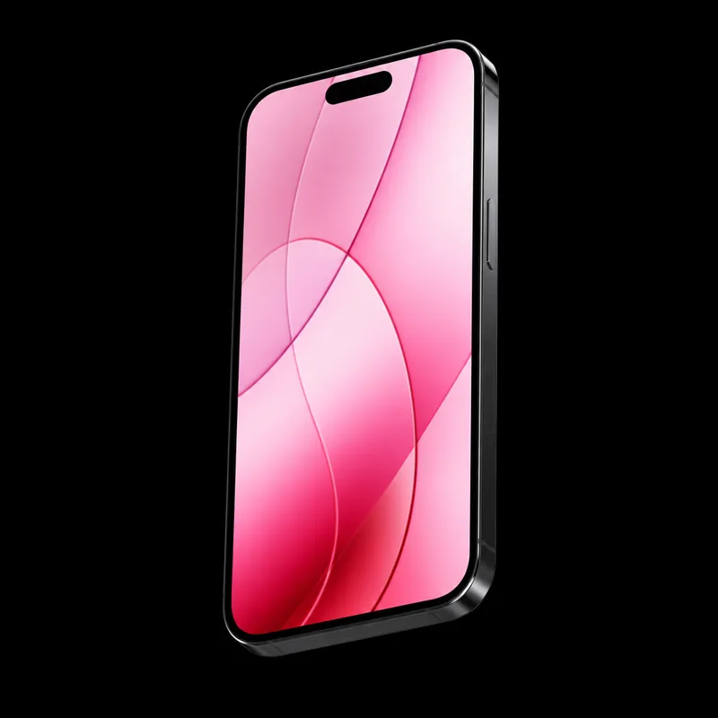iPhone 15 de frente com tela acesa em wallpaper rosa, seminovo na 7Tech