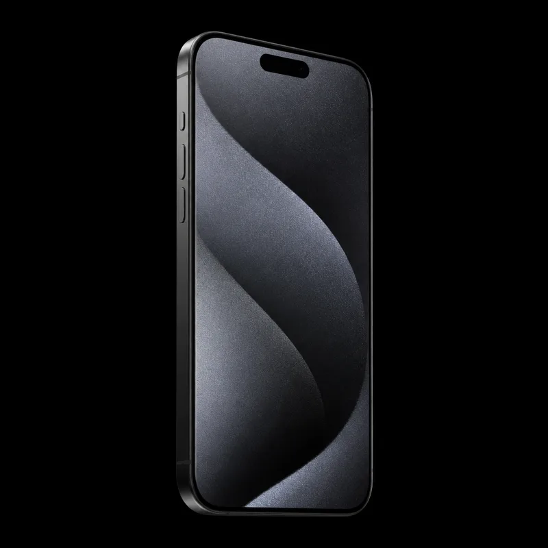 iPhone 15 Pro de frente com tela acesa em wallpaper grafite, seminovo na 7Tech