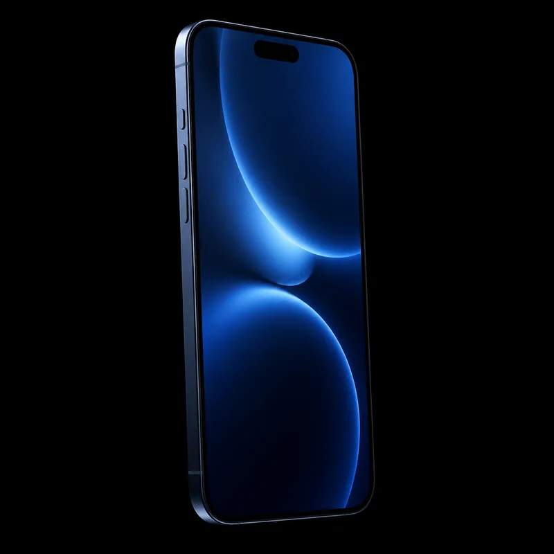 iPhone 15 Pro Max de frente com tela acesa em wallpaper azul-titânio, seminovo na 7Tech