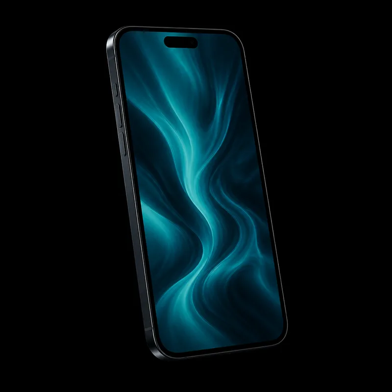 iPhone 16 de frente com tela acesa em wallpaper azul-petróleo, disponível na 7Tech