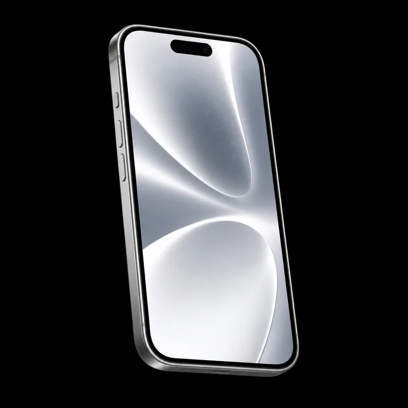 iPhone 16e de frente com tela acesa em wallpaper branco-prata, disponível na 7Tech
