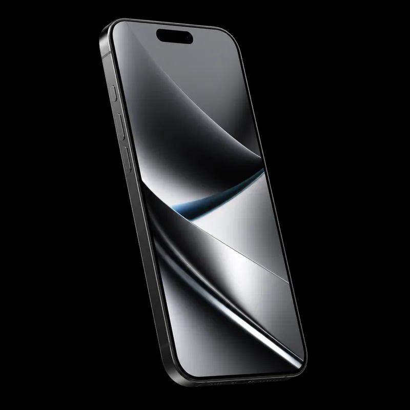 iPhone 16 Pro de frente com tela acesa em wallpaper cinza-titânio, disponível na 7Tech