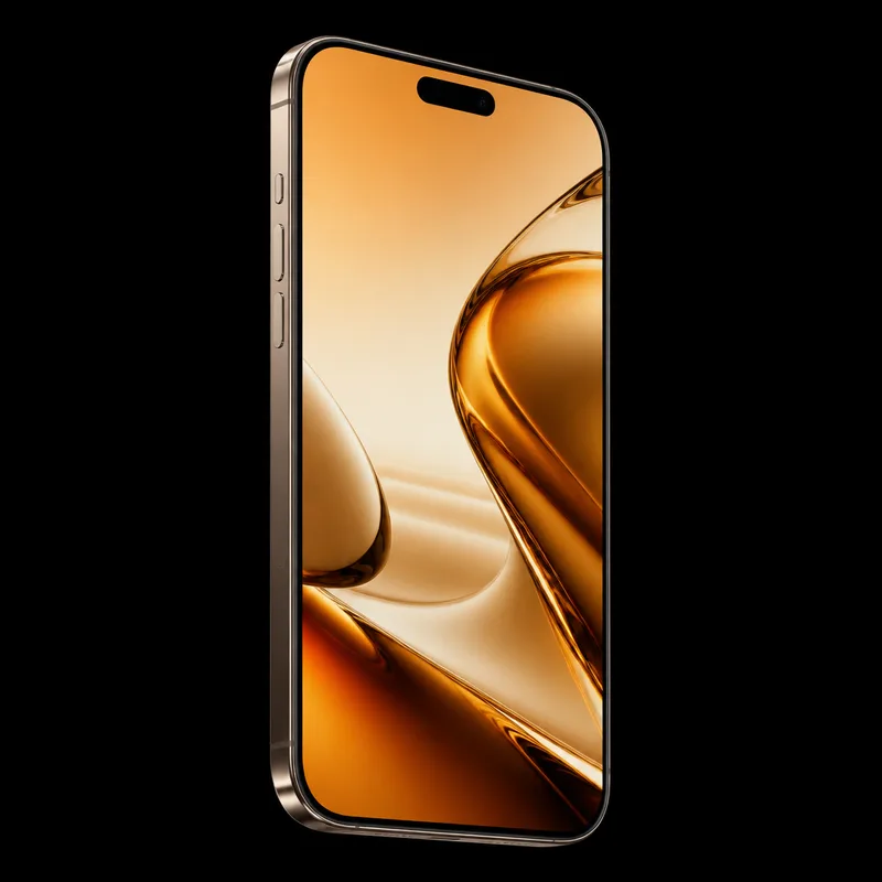 iPhone 16 Pro Max de frente com tela acesa em wallpaper dourado, disponível na 7Tech