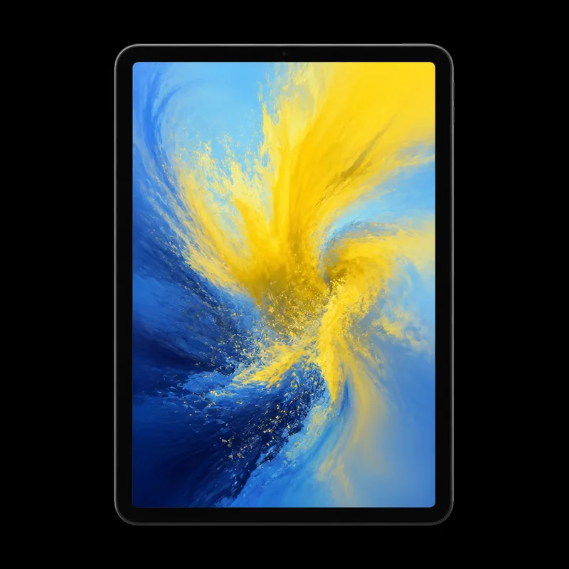 iPad 10ª geração de frente com tela acesa em composição amarela e azul