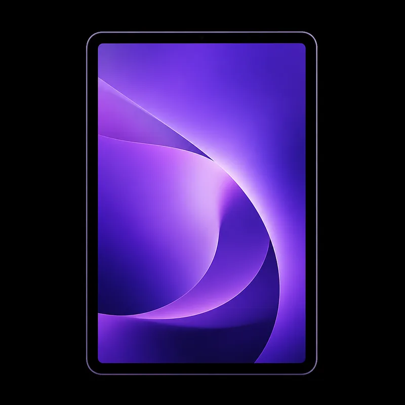 iPad Air de frente com tela acesa em composição violeta