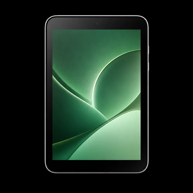 iPad mini de frente com tela acesa em composição verde