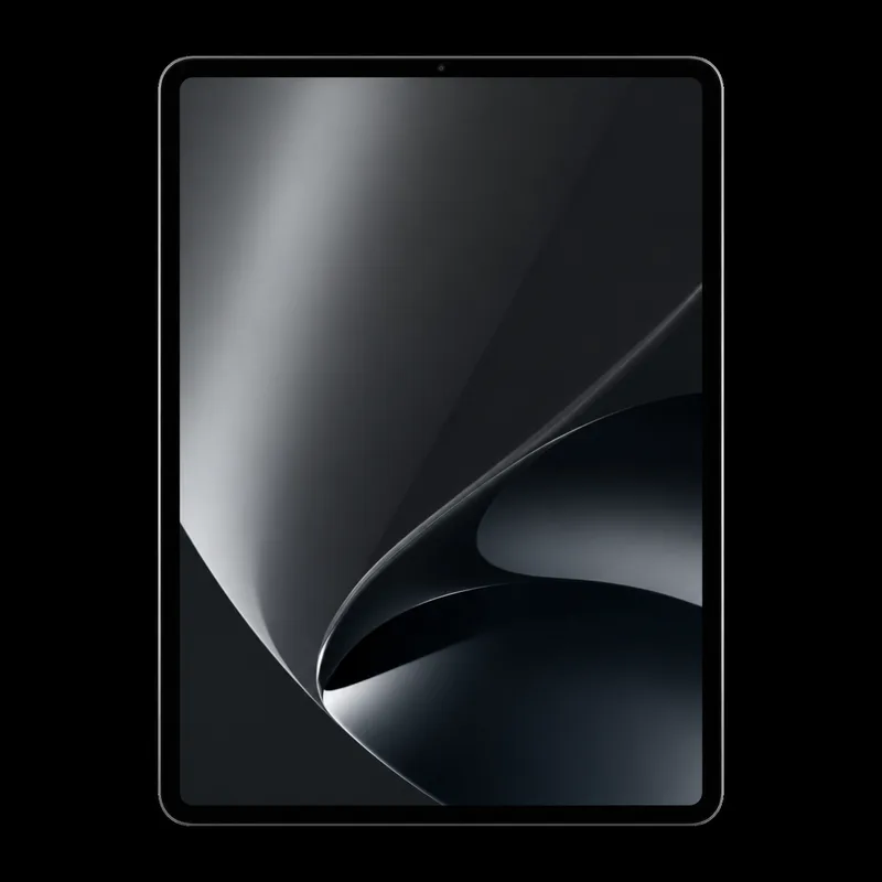 iPad Pro de frente com tela acesa em composição cinza