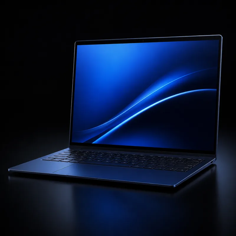 MacBook Air M2 azul aberto e visto de frente com tela acesa