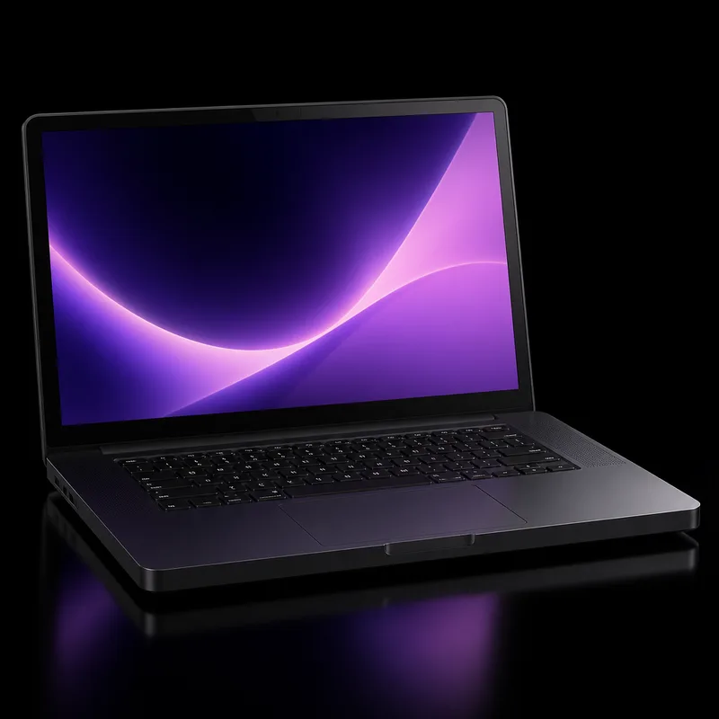 MacBook Pro M3 preto aberto e visto de frente com tela acesa