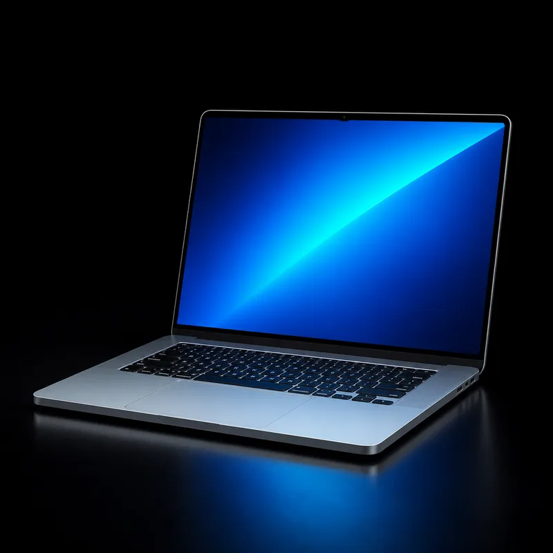 MacBook Pro M4 prateado aberto e visto de frente com tela acesa