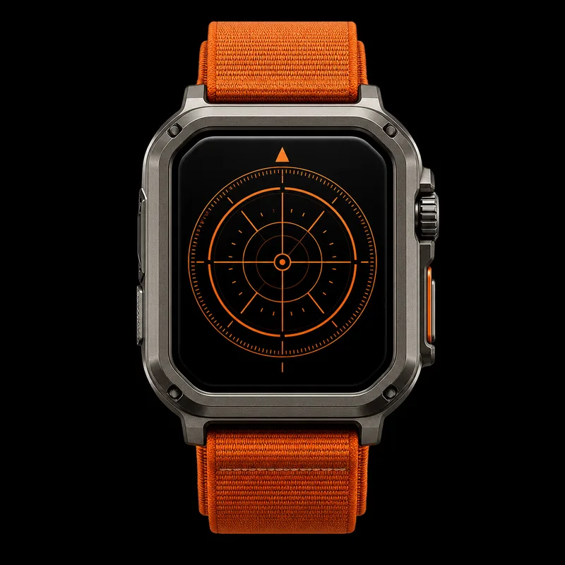 Apple Watch Ultra 2 de frente com tela acesa e pulseira laranja
